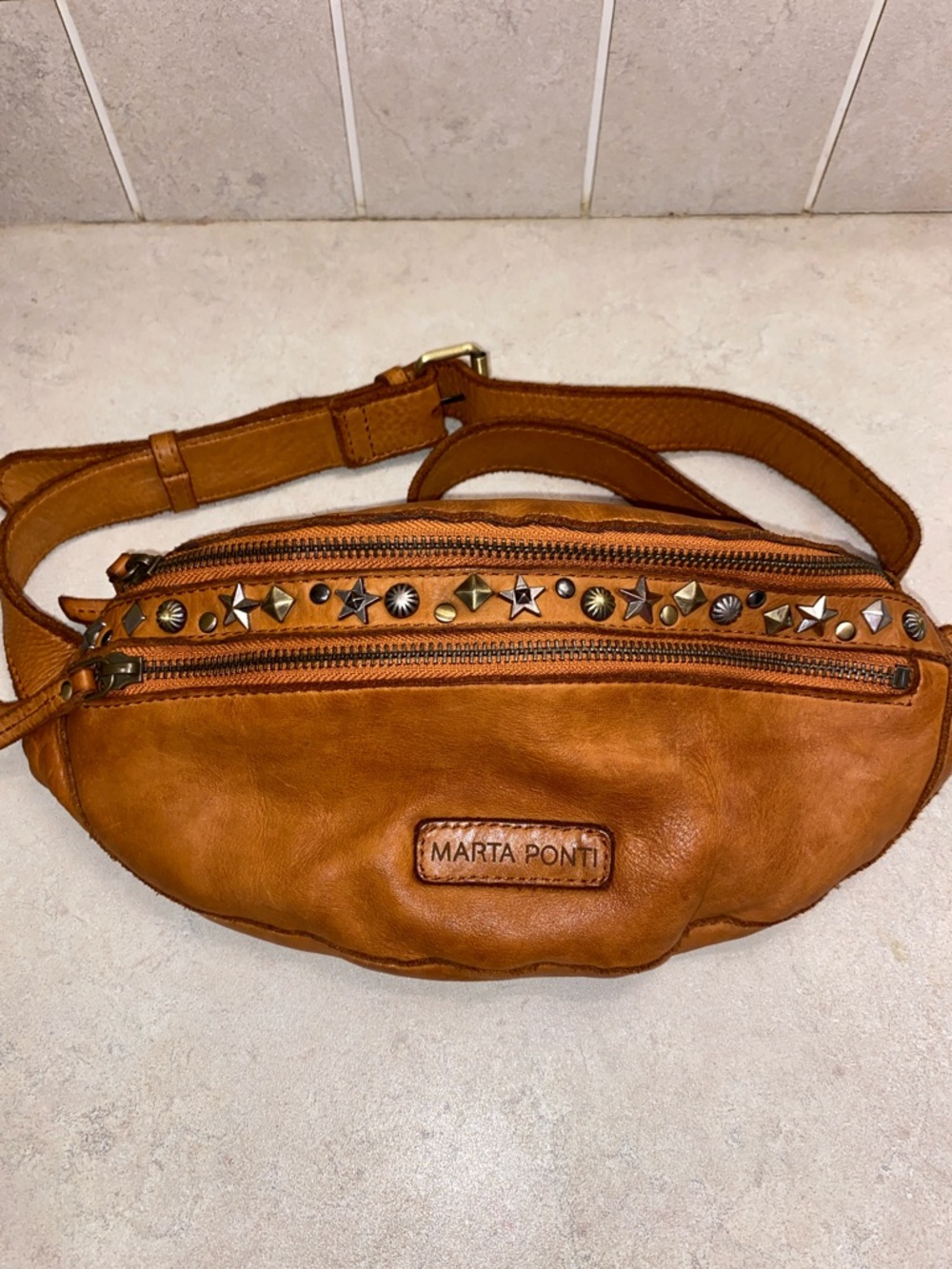 Marta Ponti Studded Leather Belt Bag in Cognac